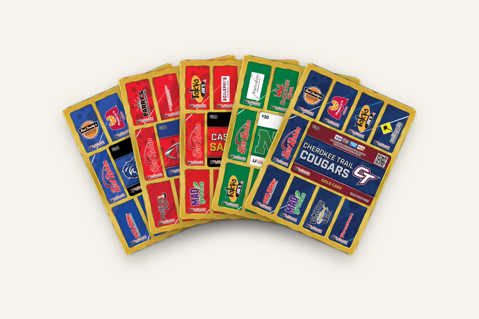 A fan of five Legacy Gold Cards for different schools — Grandview Wolves, Heritage Eagles, Castle View Sabercats, Niwot Cougars and Cherokee Trail Cougars — each featuring local business discounts